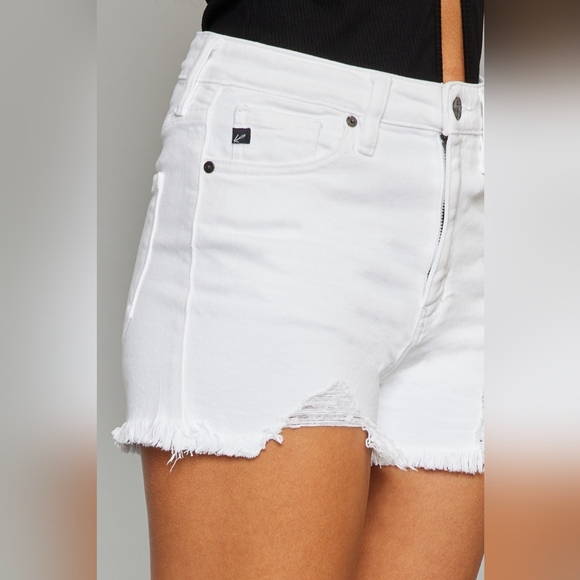 KanCan High Rise Waist Distressed White Denim Cut-off Frayed Hem Jean Shorts - Picture 16 of 16